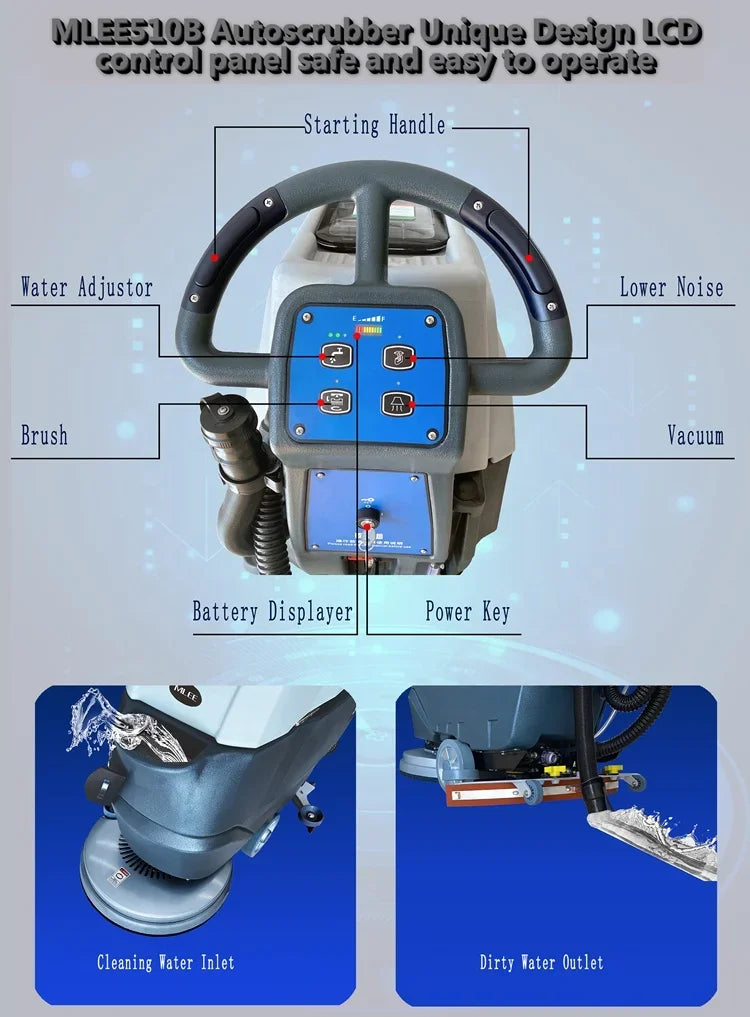 "VADE floor scrubber 50L solution tank close-up view"
- "24V battery system of VADE industrial floor scrubber"
- "Professional grade brush system with 530mm cleaning width"
- "Ergonomic control panel of VADE floor cleaning machine"